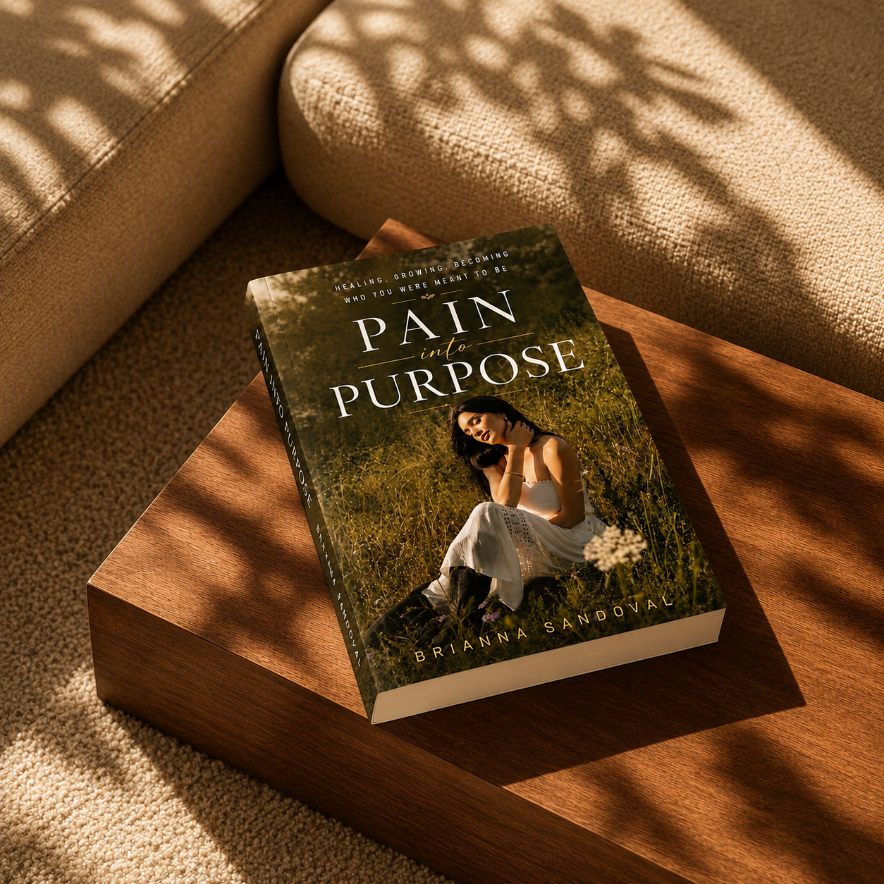 A hardcover book titled "Pain in Purpose" by Brianna Sandoval lies on a wooden block in a warm, sunlit room. The cover features a woman sitting in a grassy field, and the scene is styled with a beige textured sofa and dappled shadows.