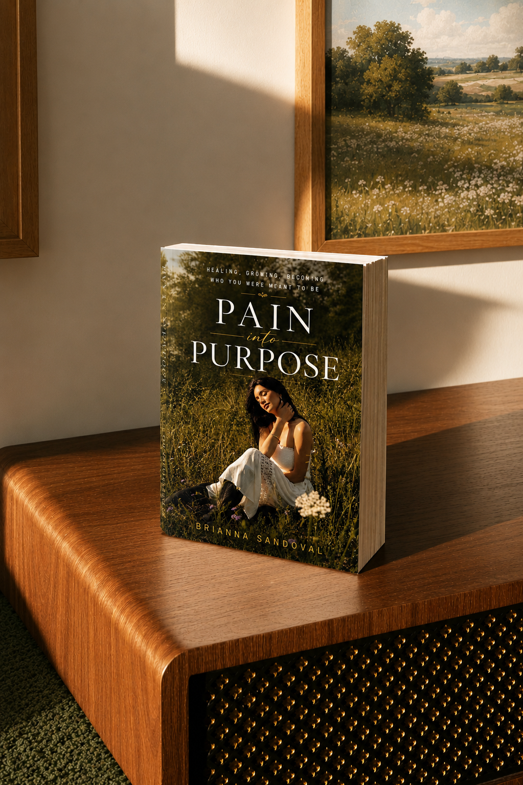 The book 'Pain of the Purpose' by Shreya Sharma stands upright on a wooden table in a warm, sunlit room. The cover features a woman sitting in a grassy field, and a framed landscape painting is visible on the wall behind her.